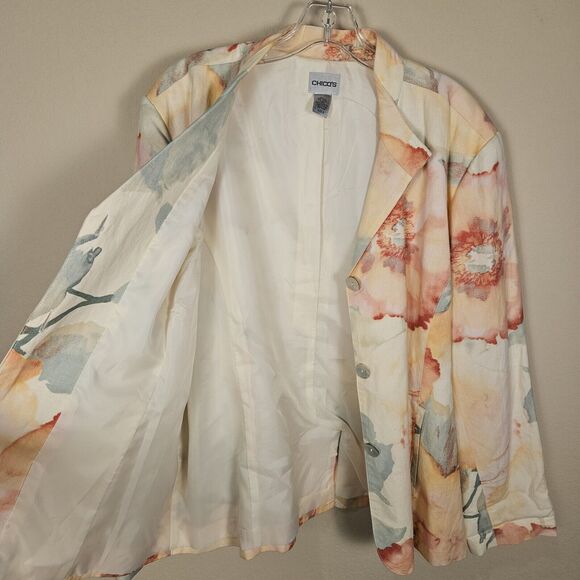 VTG Chicos 3 Linen Blend Floral Watercolor Blazer Lagenlook Pastel Art Jacket 16 - Picture 6 of 10